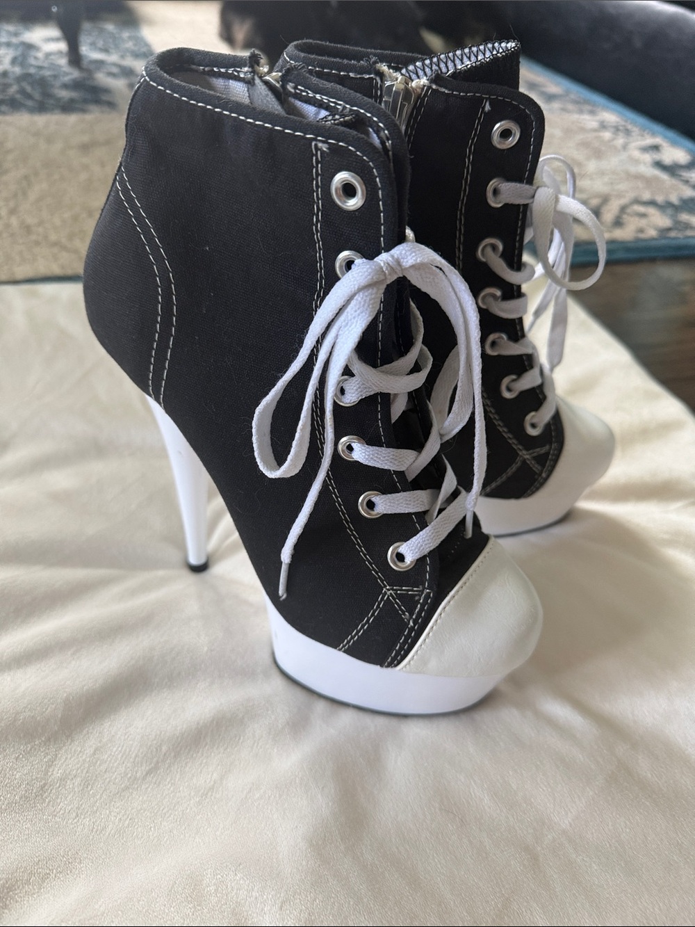 Converse Style Black and White Lace-Up High Heel Ankle Boots